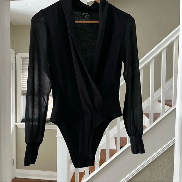 Bardot Black Sheer Wrap Long Sleeve Bodysuit - Picture 2 of 11